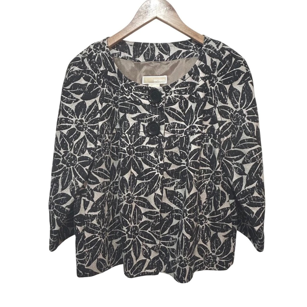 Vintage Y2K Michael Kors Linen Floral Print Blazer Jacket Large Black Statement